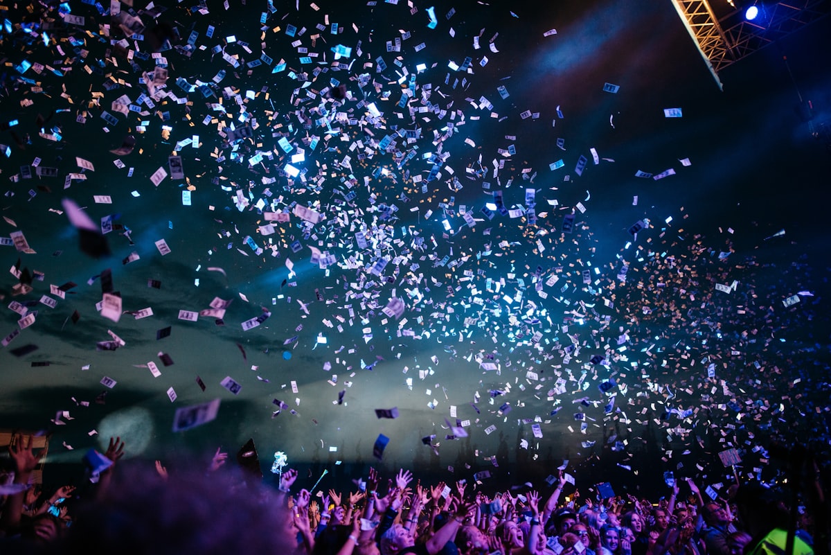 Celebration with confetti falling over a crowd