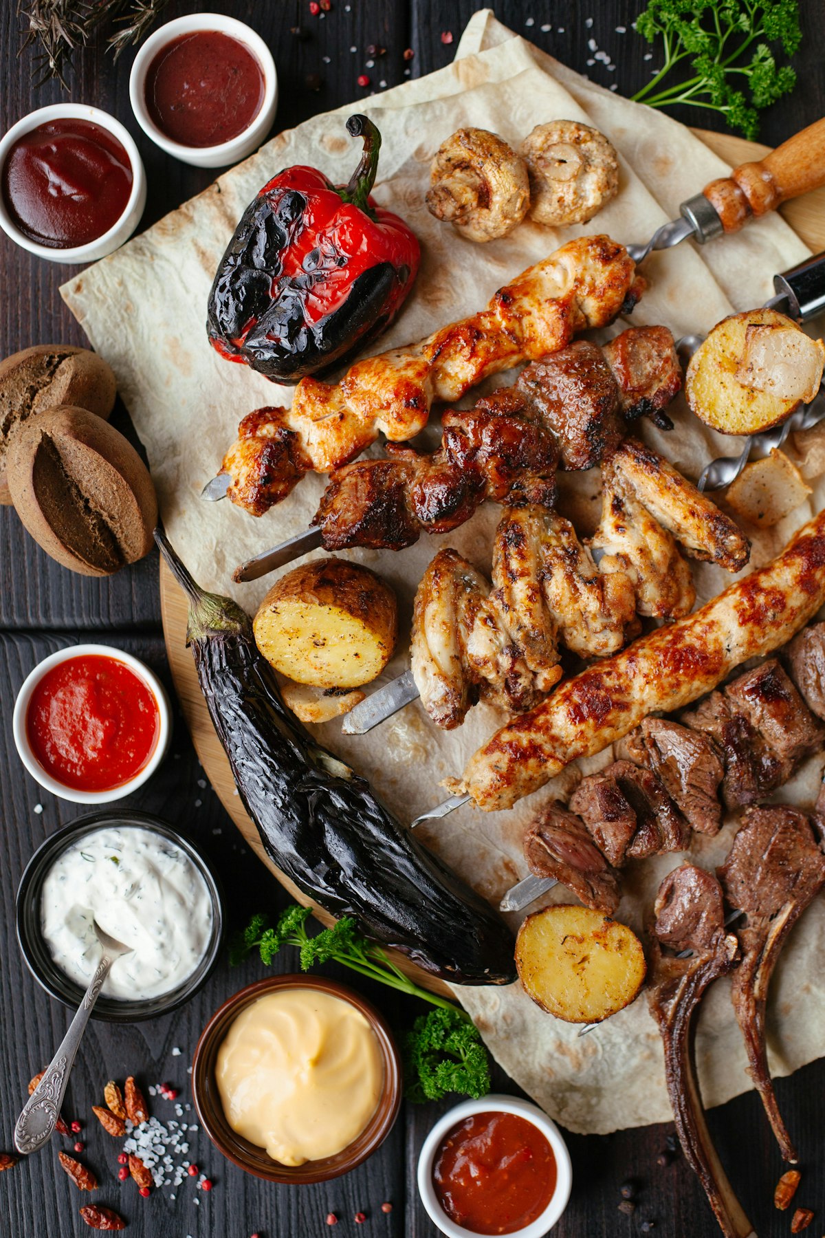 Seafood feast with dipping sauces