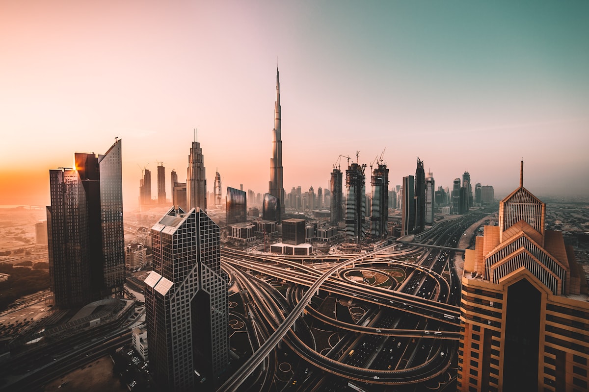 City skyline glowing at sunset